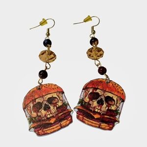 Skull Burger Earrings W/Agate & Glass Rondell Beads Hypoallergenic Hooks NWOT